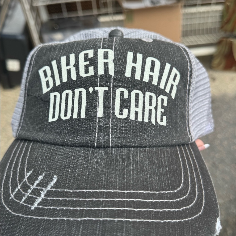Gray and White Trucker Hat bike hair don’t care